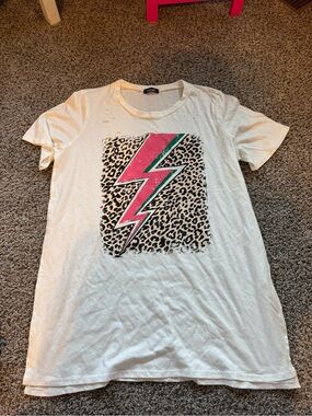 Womens White Graphic Tee with Pink Lightning & Leopard Print